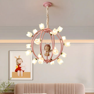 ZOWALA - Globe Flower Angel Metal Kids Room Pink Chandelier Image - 4
