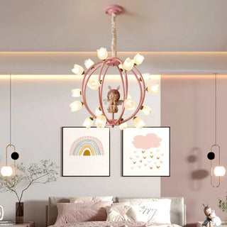 ZOWALA - Globe Flower Angel Metal Kids Room Pink Chandelier Image - 2