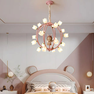 ZOWALA - Globe Flower Angel Metal Kids Room Pink Chandelier Image - 3