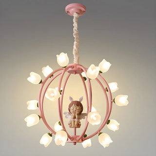 ZOWALA - Globe Flower Angel Metal Kids Room Pink Chandelier Image - 9