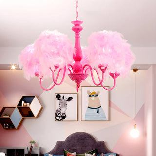 ZOWALA - Feather Curve Arm Pink 5-Light Large Kids Room Chandelier Image - 1