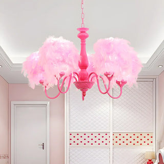 ZOWALA - Feather Curve Arm Pink 5-Light Large Kids Room Chandelier Image - 2