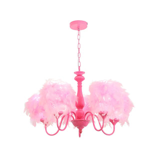 ZOWALA - Feather Curve Arm Pink 5-Light Large Kids Room Chandelier Image - 3