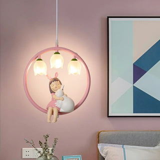 ZOWALA - Pink Circle Fairy White Glass Flower Kids Room Chandelier Image - 1