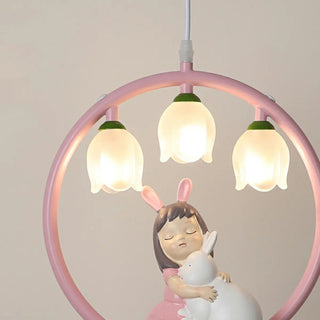 ZOWALA - Pink Circle Fairy White Glass Flower Kids Room Chandelier Image - 11