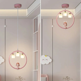 ZOWALA - Pink Circle Fairy White Glass Flower Kids Room Chandelier Image - 3