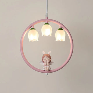 ZOWALA - Pink Circle Fairy White Glass Flower Kids Room Chandelier Image - 6