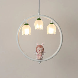 ZOWALA - Pink Circle Fairy White Glass Flower Kids Room Chandelier Image - 7
