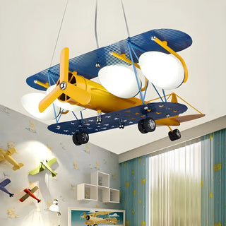 ZOWALA - Blue Yellow Airplane Large Glass Kids Room Chandelier Image - 1