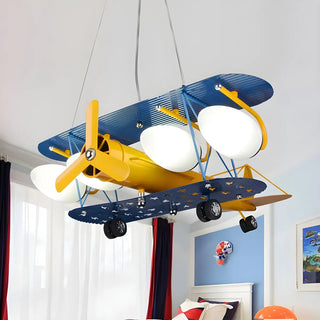 ZOWALA - Blue Yellow Airplane Large Glass Kids Room Chandelier Image - 2