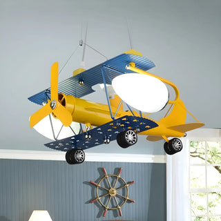 ZOWALA - Blue Yellow Airplane Large Glass Kids Room Chandelier Image - 4