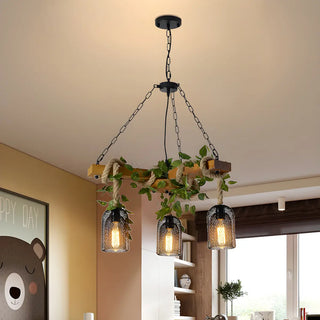 ZOWALA - Bell Leaf Wood Chain 3-Light Large Farmhouse Chandelier Image - 1