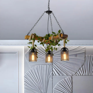 ZOWALA - Bell Leaf Wood Chain 3-Light Large Farmhouse Chandelier Image - 2