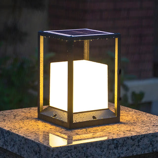 Simple Metal Black Frame Solar Outdoor White Cube Lamp Zawala Image - 1