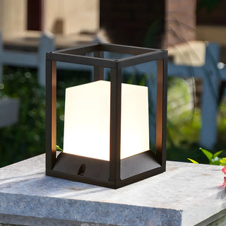 Simple Metal Black Frame Solar Outdoor White Cube Lamp Zawala Image - 2