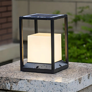 Simple Metal Black Frame Solar Outdoor White Cube Lamp Zawala Image - 3