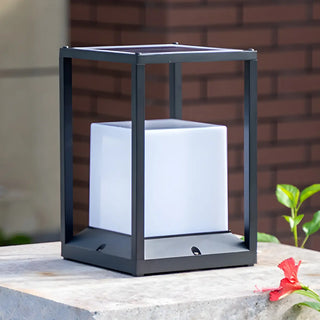 Simple Metal Black Frame Solar Outdoor White Cube Lamp Zawala Image - 6