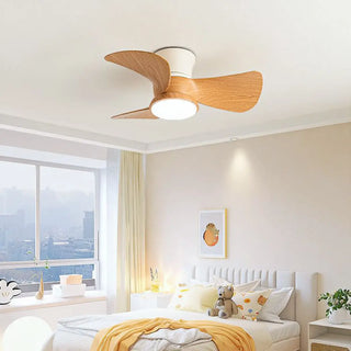 Mini Wooden 3-Blade Flush Ceiling Fan with LED Light Zawala Image - 1