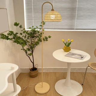 Minimalist Rattan Dome Shade Beige LED Floor Lamp Zawala Image - 1