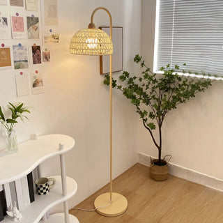 Minimalist Rattan Dome Shade Beige LED Floor Lamp Zawala Image - 3