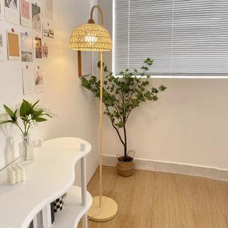 Minimalist Rattan Dome Shade Beige LED Floor Lamp Zawala Image - 4