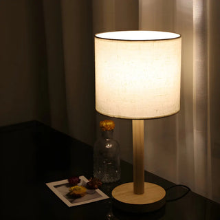 Minimalist Fabric Shade Wood Base Cylinder Table Lamp Zawala Image - 2