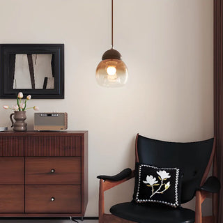 ZOWALA - Modern Amber Glass Dome Wood Globe Pendant Light Image - 3