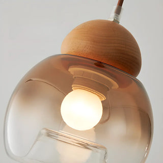 ZOWALA - Modern Amber Glass Dome Wood Globe Pendant Light Image - 9