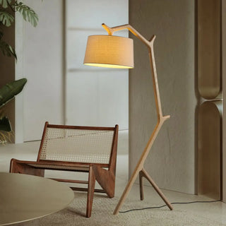 Rustic Linen Drum Shade Tree Branch LED Floor Lamp Zawala Image - 1