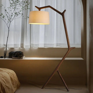 Rustic Linen Drum Shade Tree Branch LED Floor Lamp Zawala Image - 2