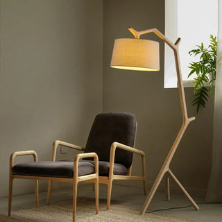 Rustic Linen Drum Shade Tree Branch LED Floor Lamp Zawala Image - 3