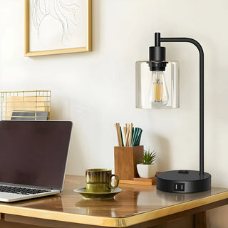 Modern Bedroom Black Cylinder Glass Shade Table Lamp Zawala Image - 1