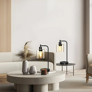Modern Bedroom Black Cylinder Glass Shade Table Lamp Zawala Image - 2