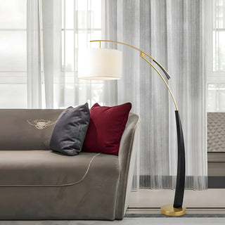 White Cylinder Shade Modern Gold Arc Floor Lamp Zawala Image - 1