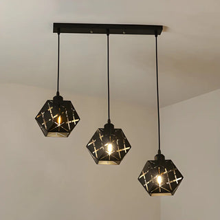 Modern Geometric Black Carved Metal Hexagonal Pendant Light Zawala Image - 2