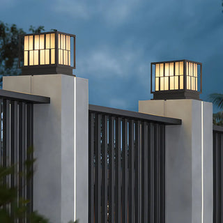 Stylish Black Strip Decor Square Outdoor Post Light Image - 1