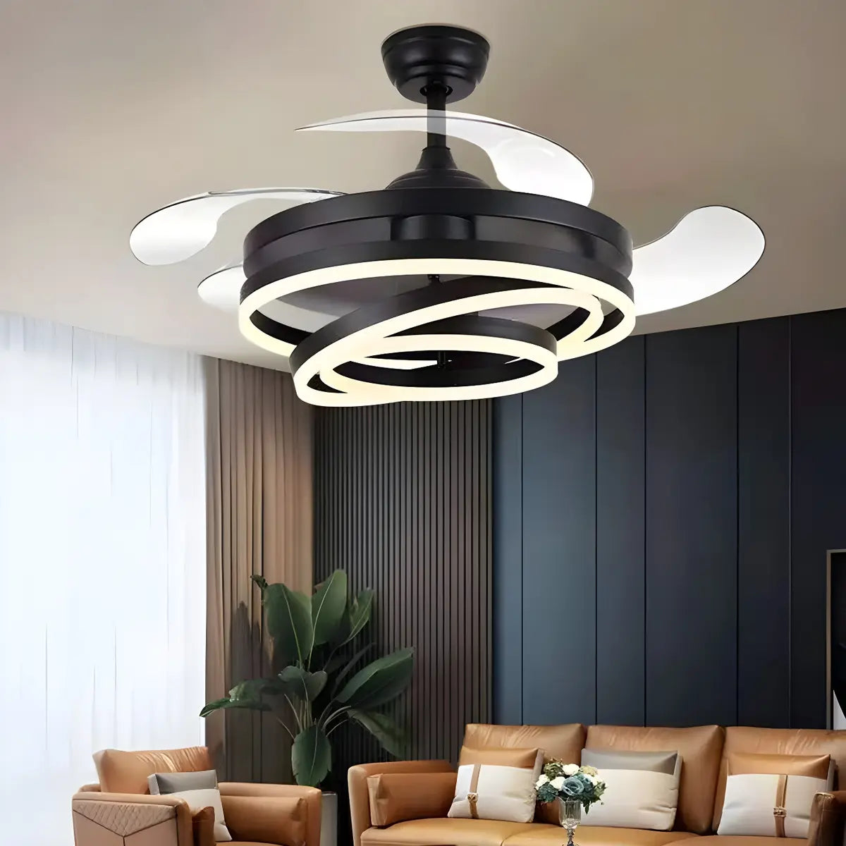 Black Spiral Round Retractable Ceiling Fan with LED Light--Zawala