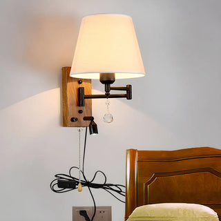 ZOWALA - Modern Swing Arm Fabric Crystal Bedroom Wood Wall Sconce Image - 1