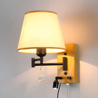 ZOWALA - Modern Swing Arm Fabric Crystal Bedroom Wood Wall Sconce Image - 13