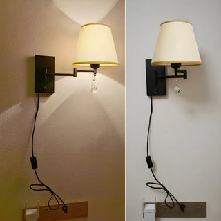 ZOWALA - Modern Swing Arm Fabric Crystal Bedroom Wood Wall Sconce Image - 8