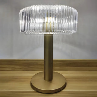 Modern Drum Clear Ribbed Glass Shade Brass Table Lamp Zawala Image - 1