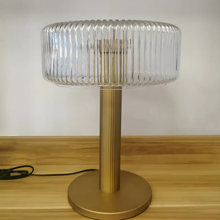 Modern Drum Clear Ribbed Glass Shade Brass Table Lamp Zawala Image - 3