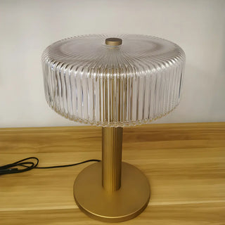 Modern Drum Clear Ribbed Glass Shade Brass Table Lamp Zawala Image - 4