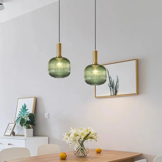 ZOWALA - Green Minimalist Ribbed Glass Round Pendant Light Image - 1