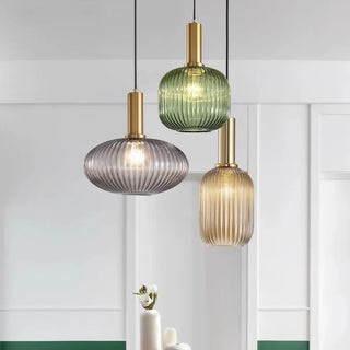 ZOWALA - Green Minimalist Ribbed Glass Round Pendant Light Image - 2