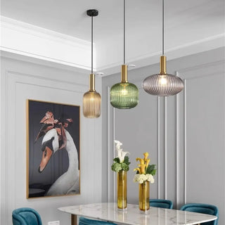 ZOWALA - Green Minimalist Ribbed Glass Round Pendant Light Image - 3