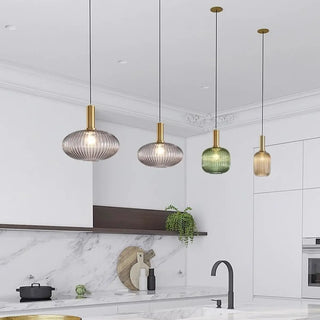 ZOWALA - Green Minimalist Ribbed Glass Round Pendant Light Image - 5