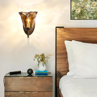 Bedroom Amber Glass Flower Metal Wall Sconce Light Zawala Image - 1