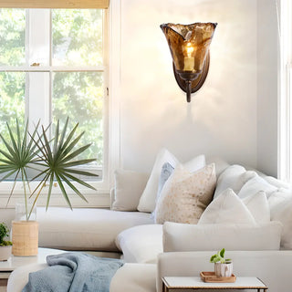 Bedroom Amber Glass Flower Metal Wall Sconce Light Zawala Image - 2