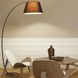 Simple Brown Fabric Cylinder Arched Metal Floor Lamp Image - 1